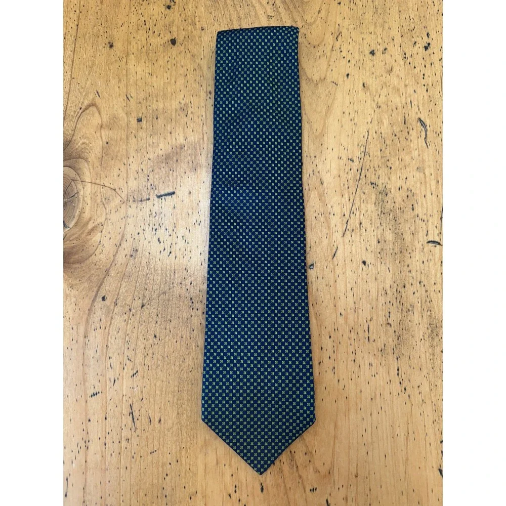 ISA Silk Tie Navy Blue Lime Green Geometric Micro Pattern Made in Italy